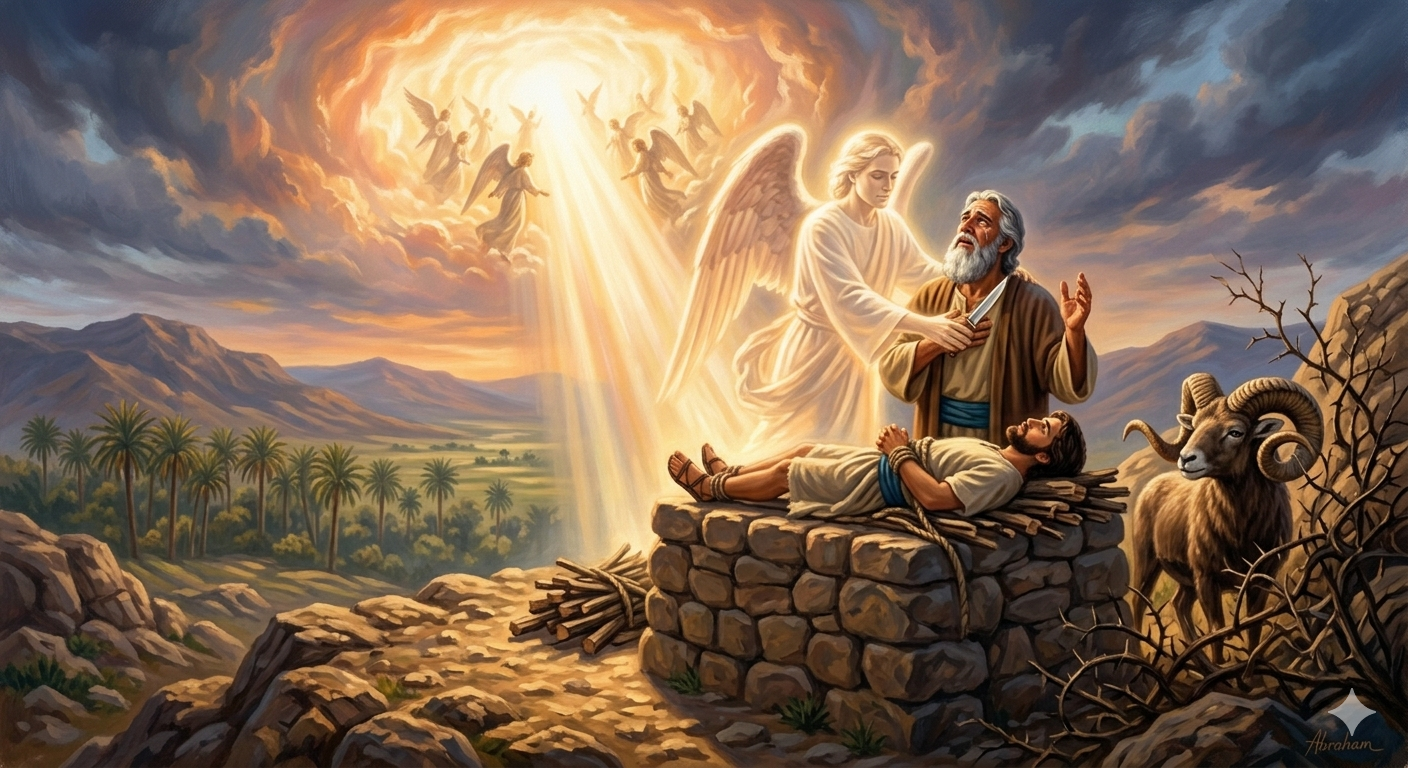 수풀에 뿔이 걸린 숫양을 발견하는 아브라함과 제단 위의 이삭
