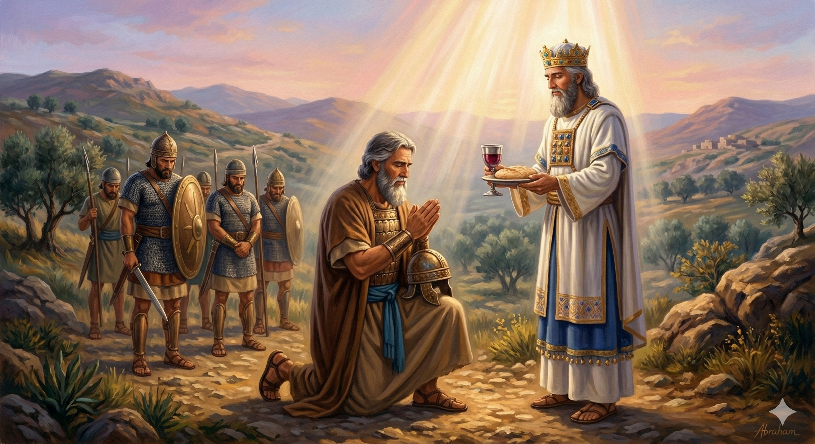 살렘 왕 멜기세덱이 떡과 포도주를 가져와 아브라함을 축복하는 장면