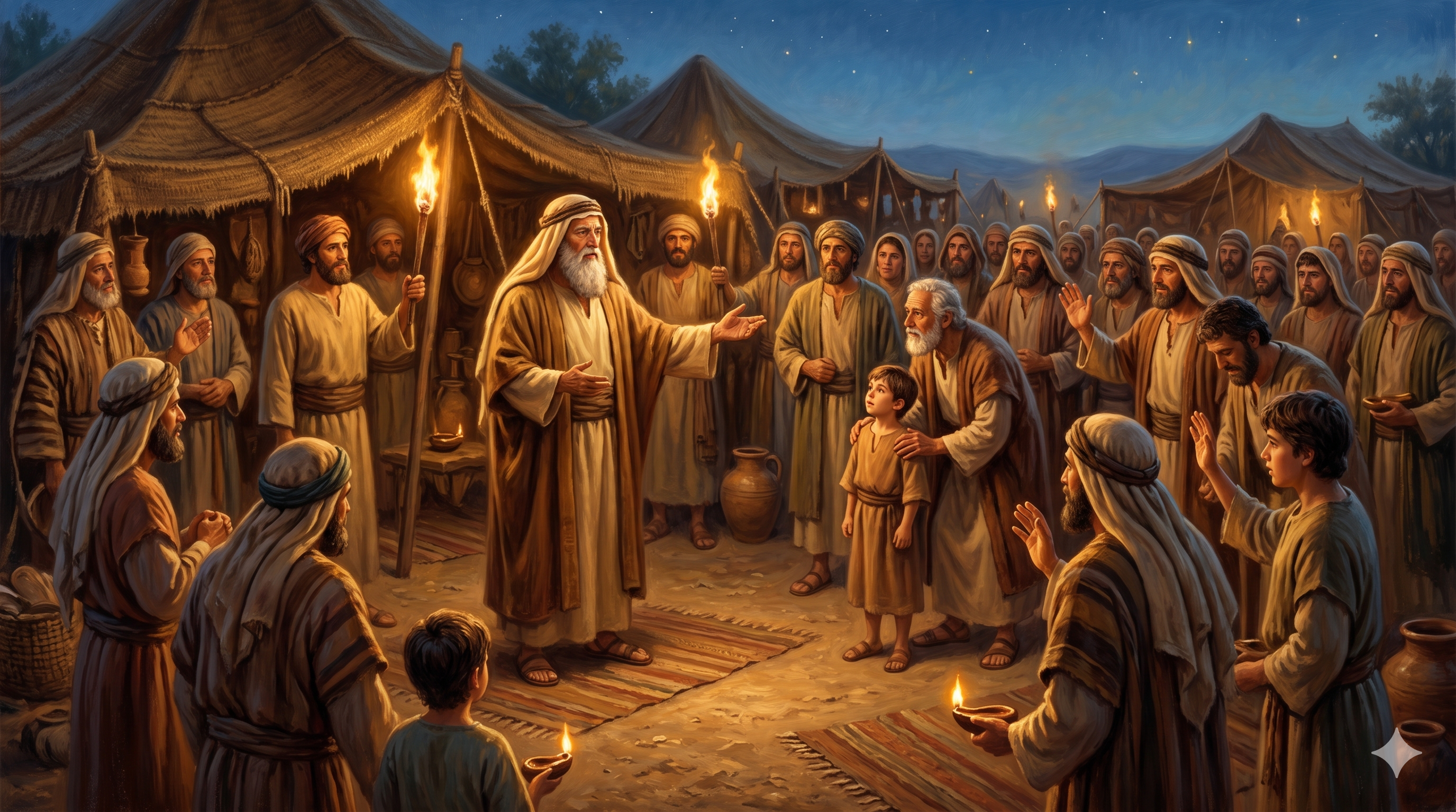 99세의 아브라함이 집안 모든 남자와 함께 할례를 시행하는 장면