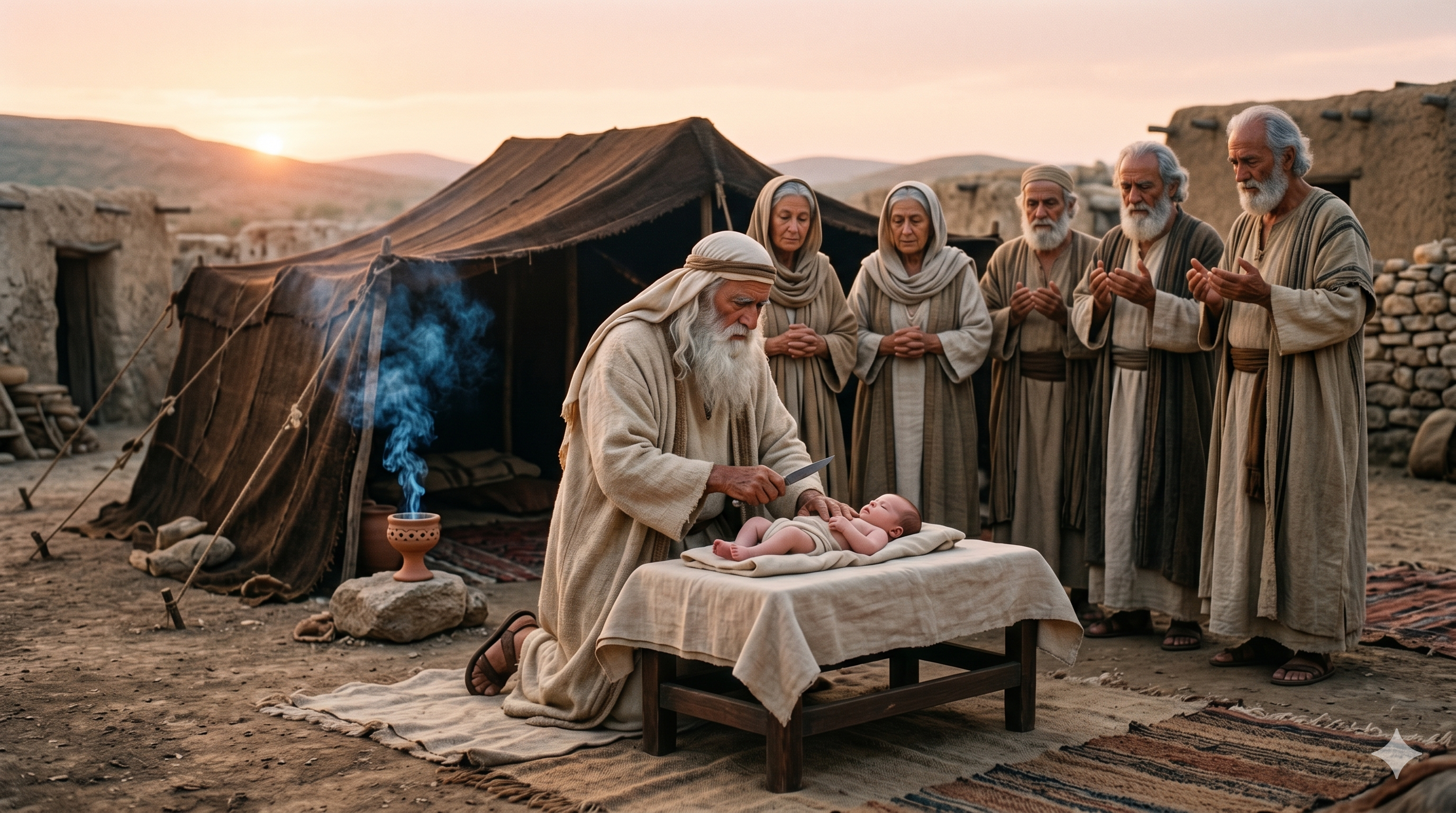 난지 팔 일 만에 아들에게 할례를 행하는 아브라함