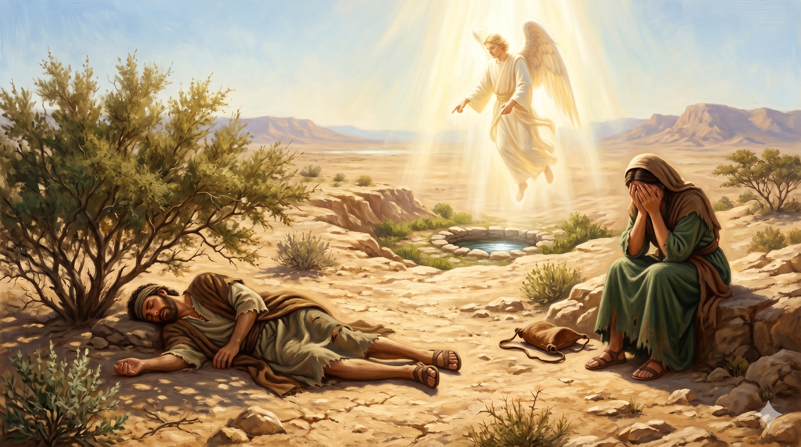 광야의 떨기나무 아래 쓰러진 이스마엘 — 그 위로 하늘에서부터 하갈을 부르시는 하나님의 사자