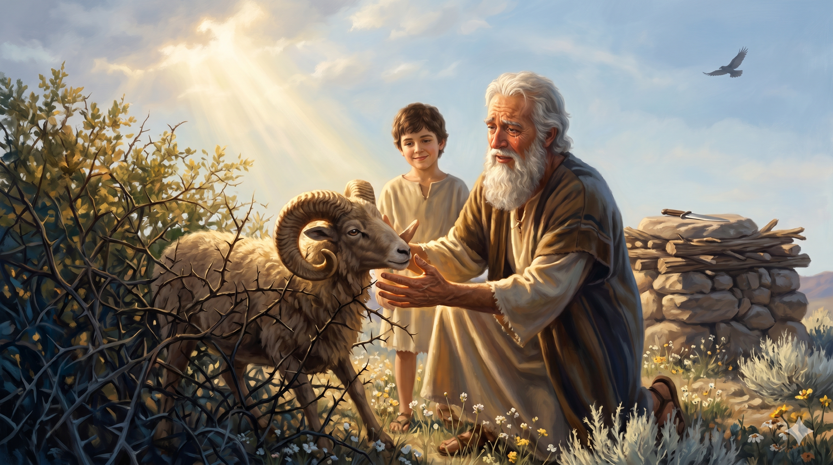 칼이 멈추고 수풀 속에서 뿔이 걸려 발견된 숫양