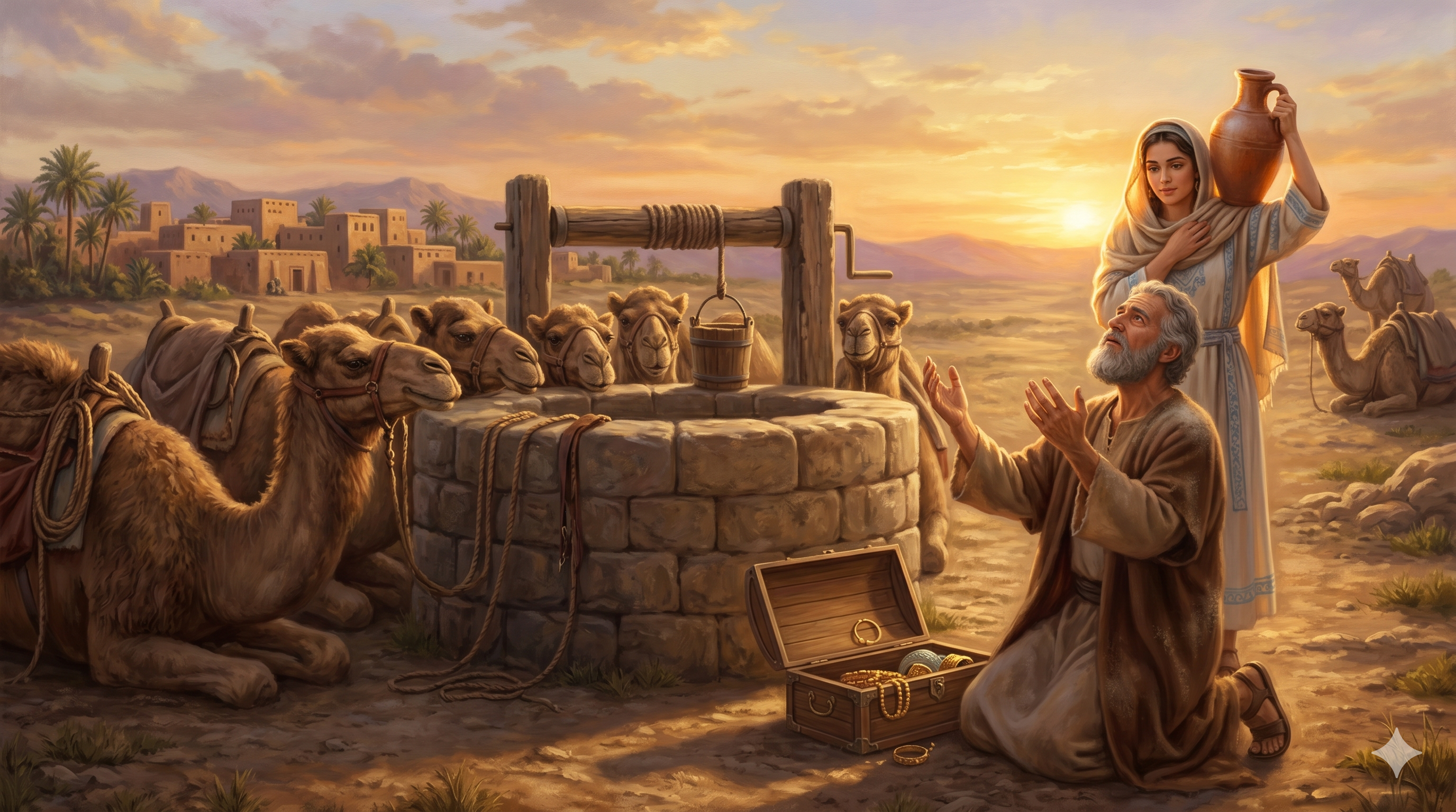 메소포타미아의 우물가에서 리브가가 낙타들에게 물을 길어주는 장면