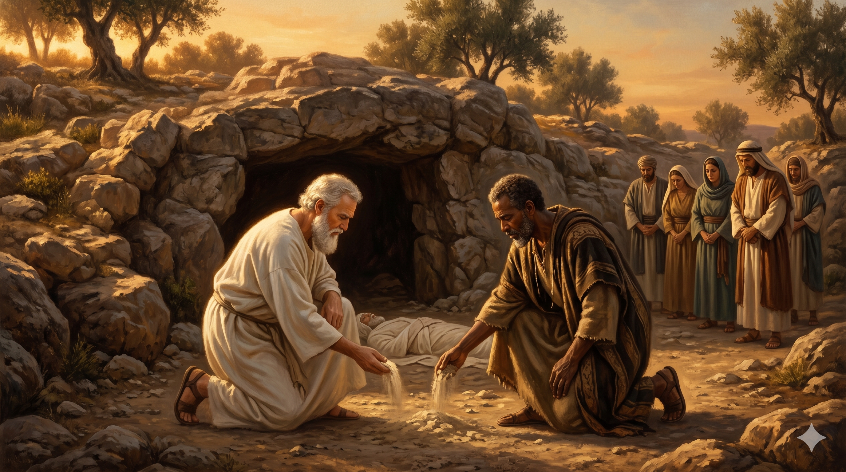 막벨라 굴에서 이삭과 이스마엘이 아버지를 장사하는 장면