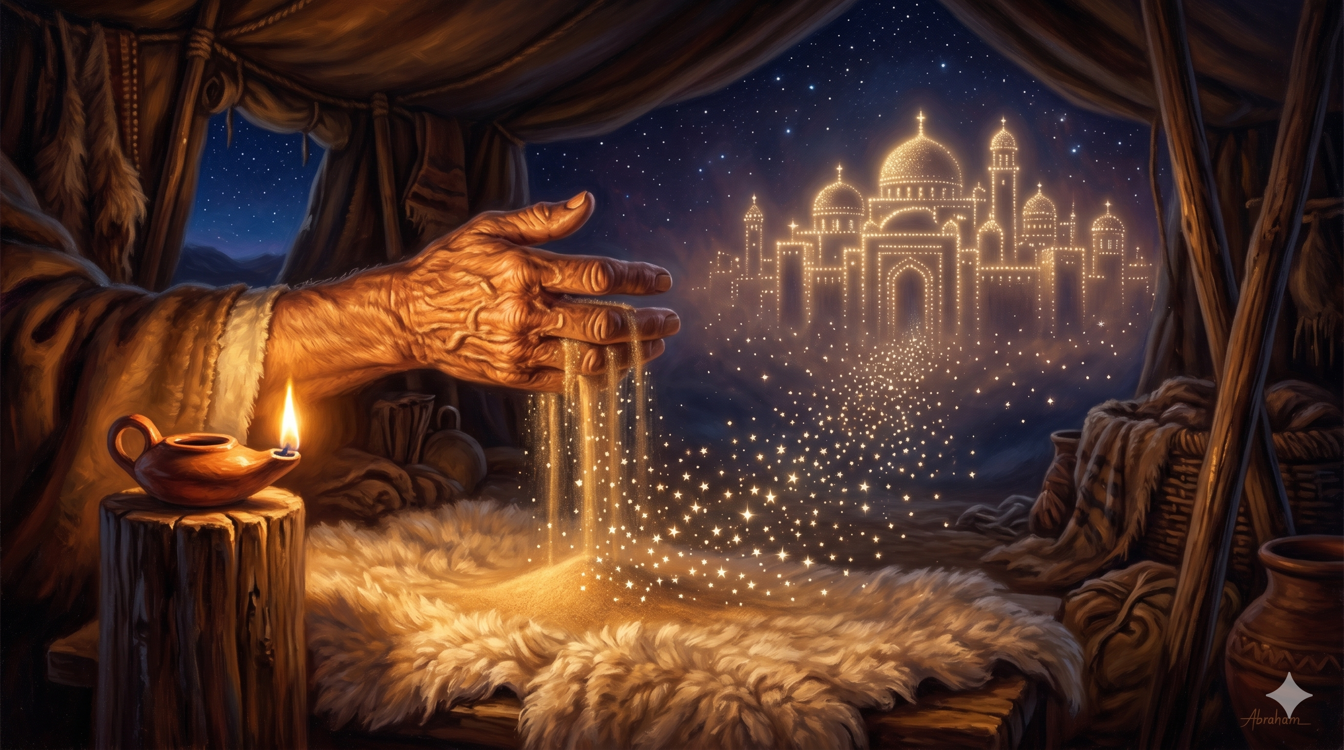 별빛 아래 아브라함과 아기의 그림자