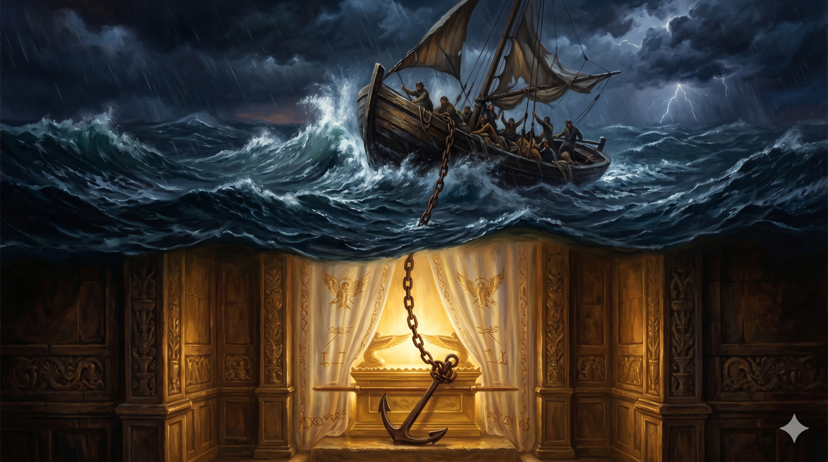 풍랑 속 배와 휘장 안으로 이어진 닻줄