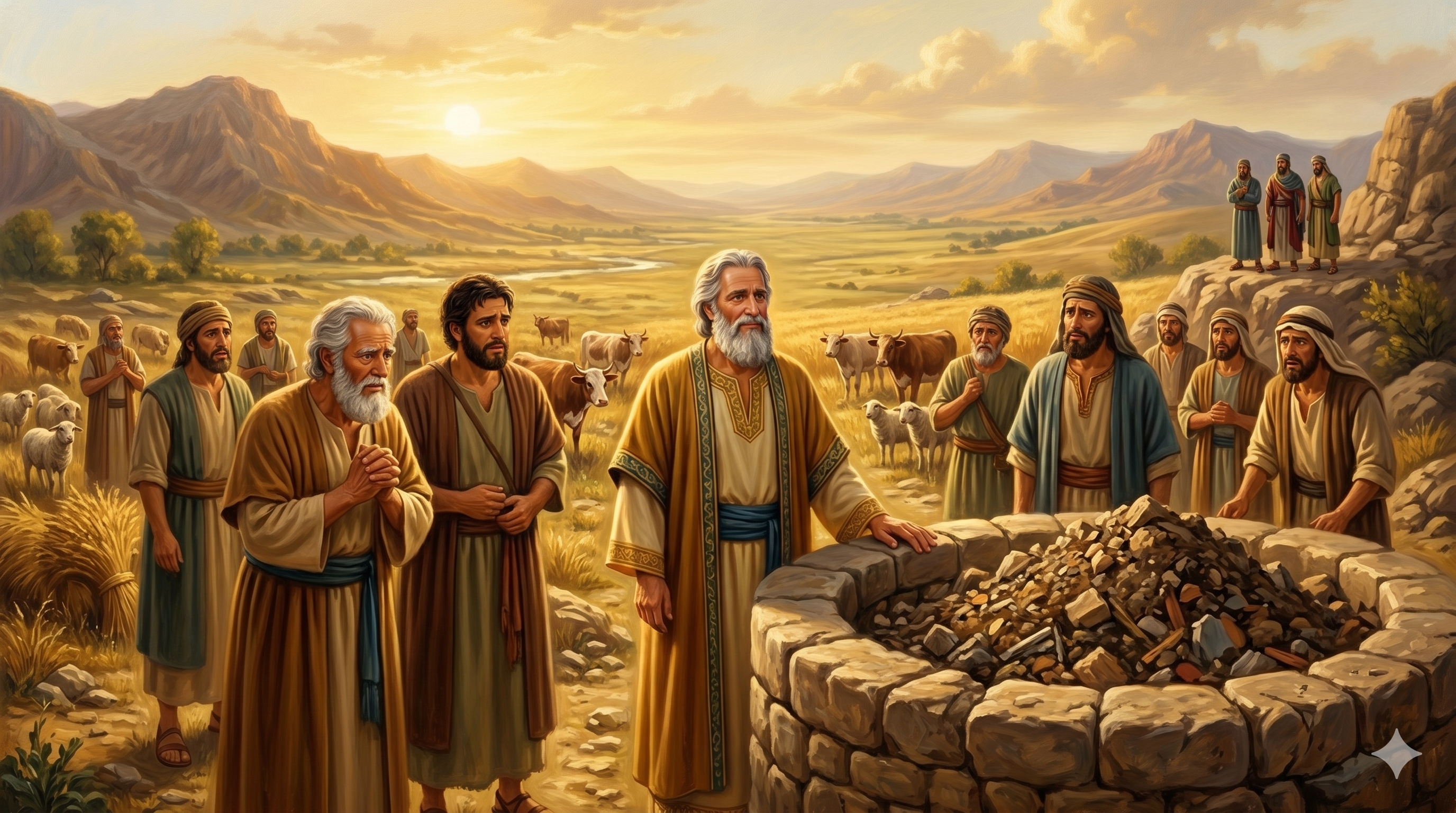 흙으로 막힌 우물 앞에 서 있는 이삭과 그의 종들