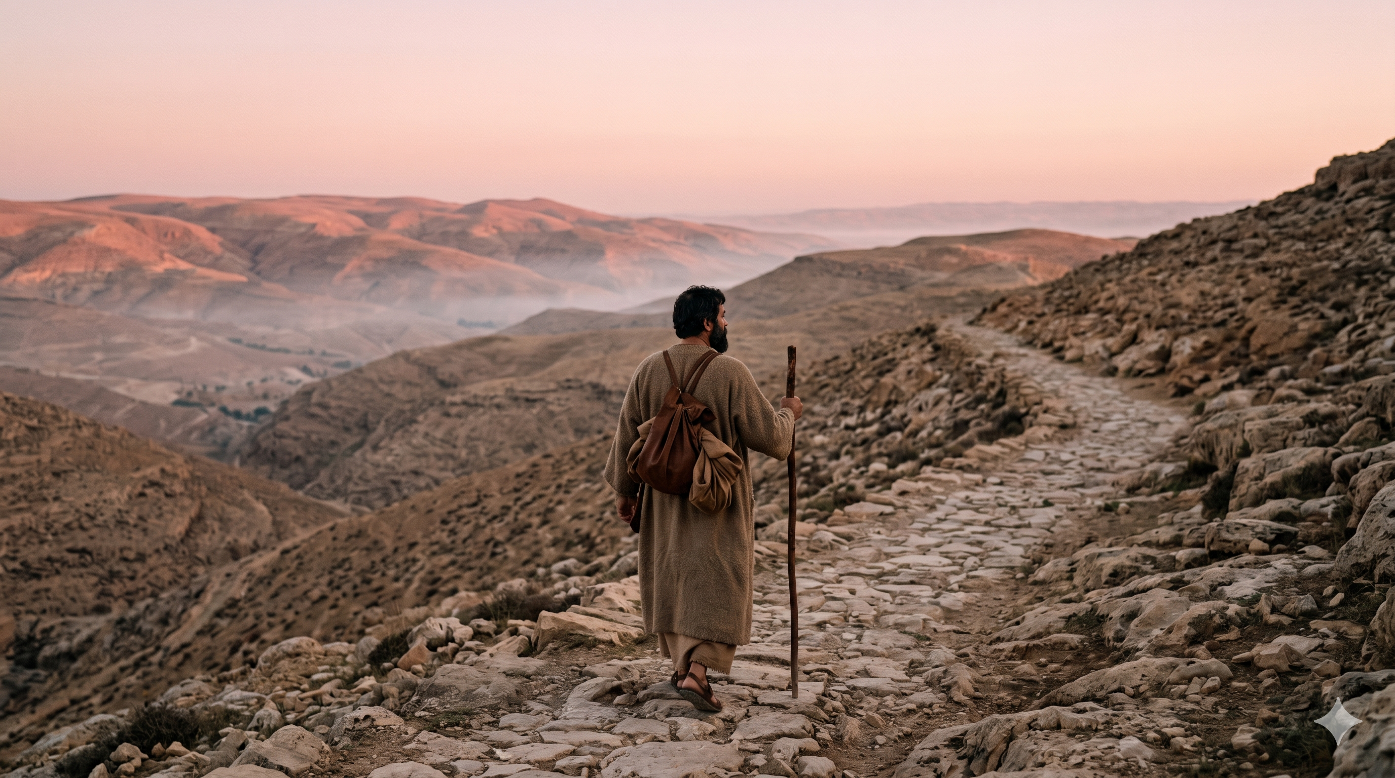 지팡이 하나만 들고 밧단아람을 향해 홀로 떠나는 야곱의 뒷모습