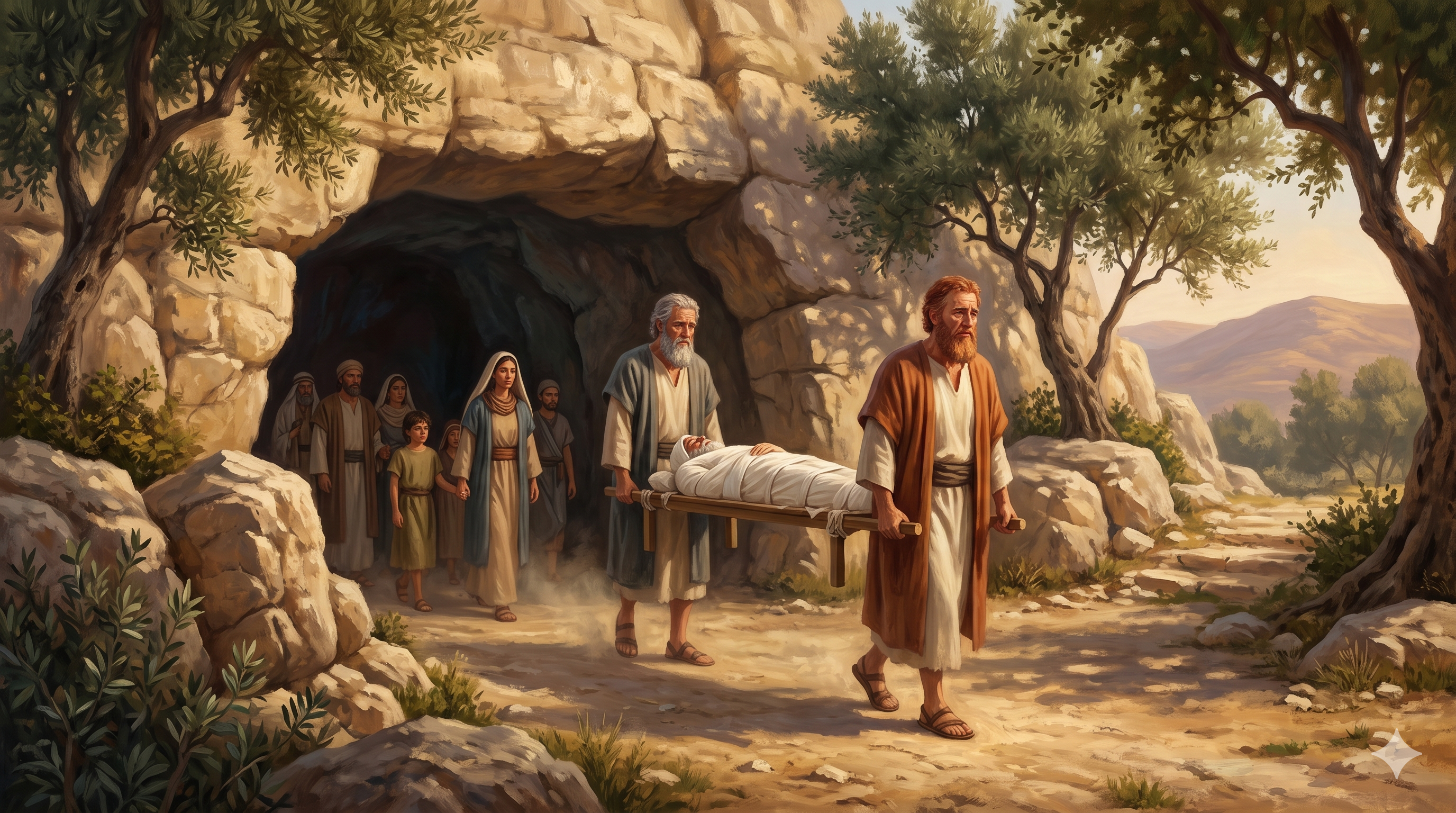 헤브론 막벨라 굴 입구, 흰 천에 싸인 이삭의 시신을 함께 들어 올리는 에서와 야곱