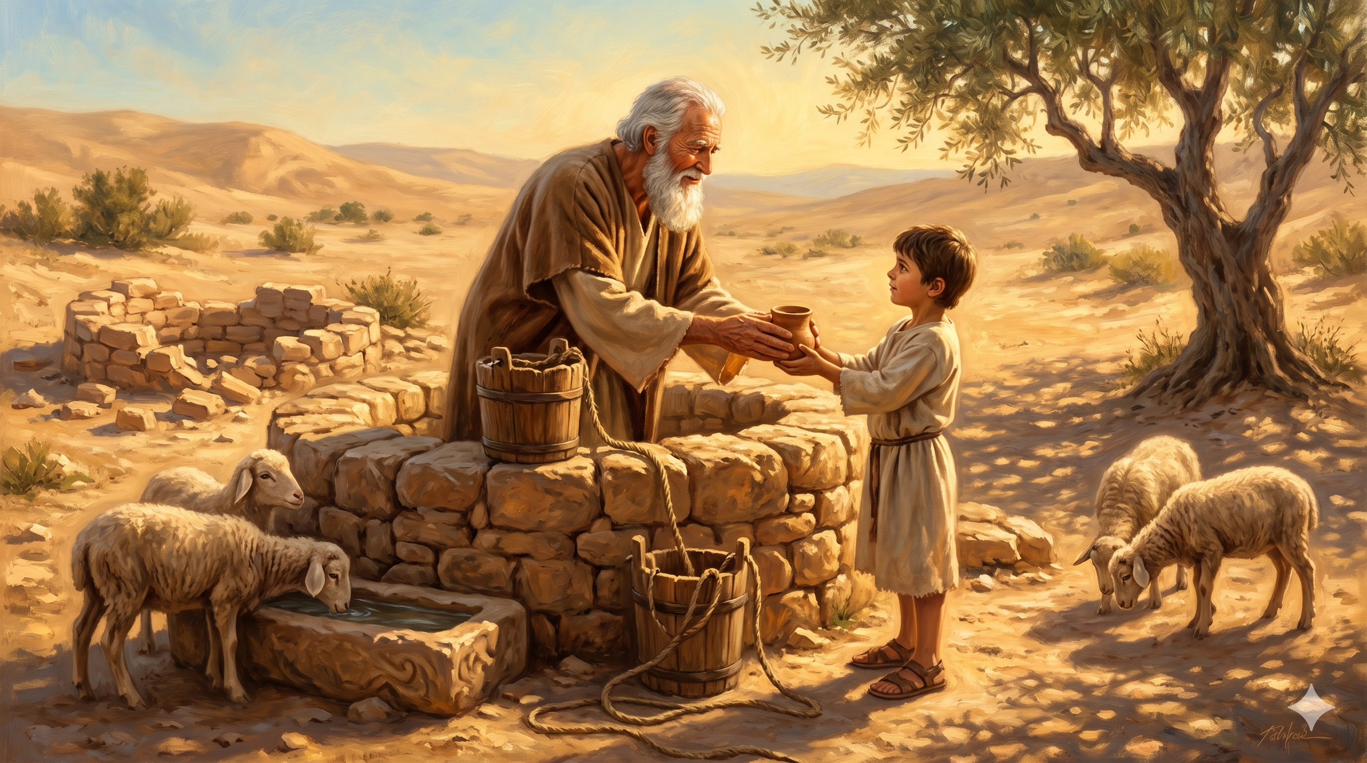 황혼의 르호봇 우물가, 아브라함이 남긴 우물을 다시 파서 물을 길어 아들에게 건네는 이삭