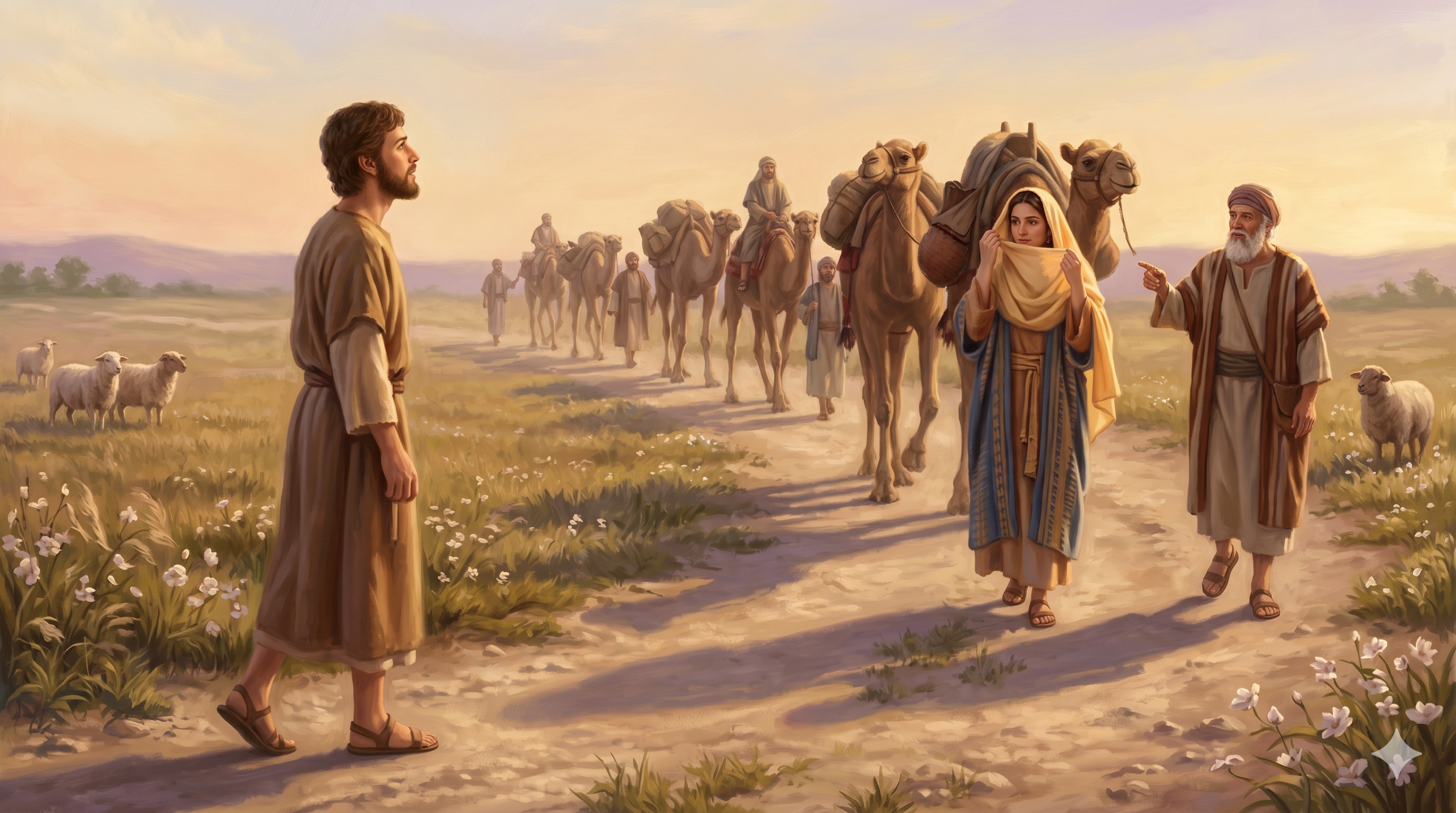 묵상을 마치고 눈을 든 이삭, 지평선 끝에 리브가가 걸어온다