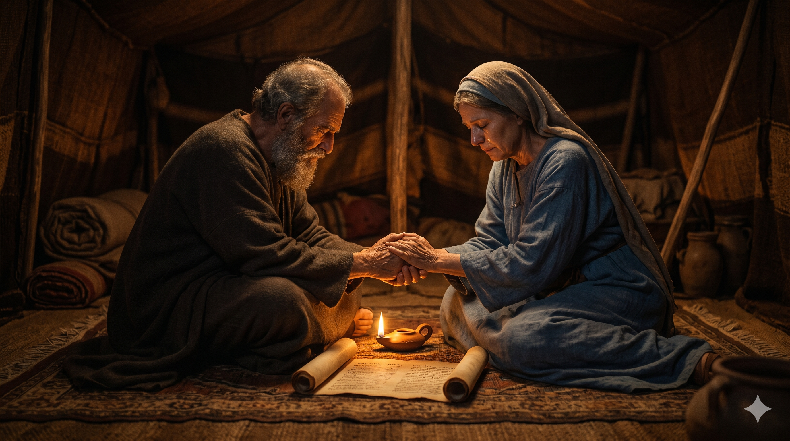 밤이 깊은 장막 안에서 침묵 속에 기도하는 이삭과 리브가