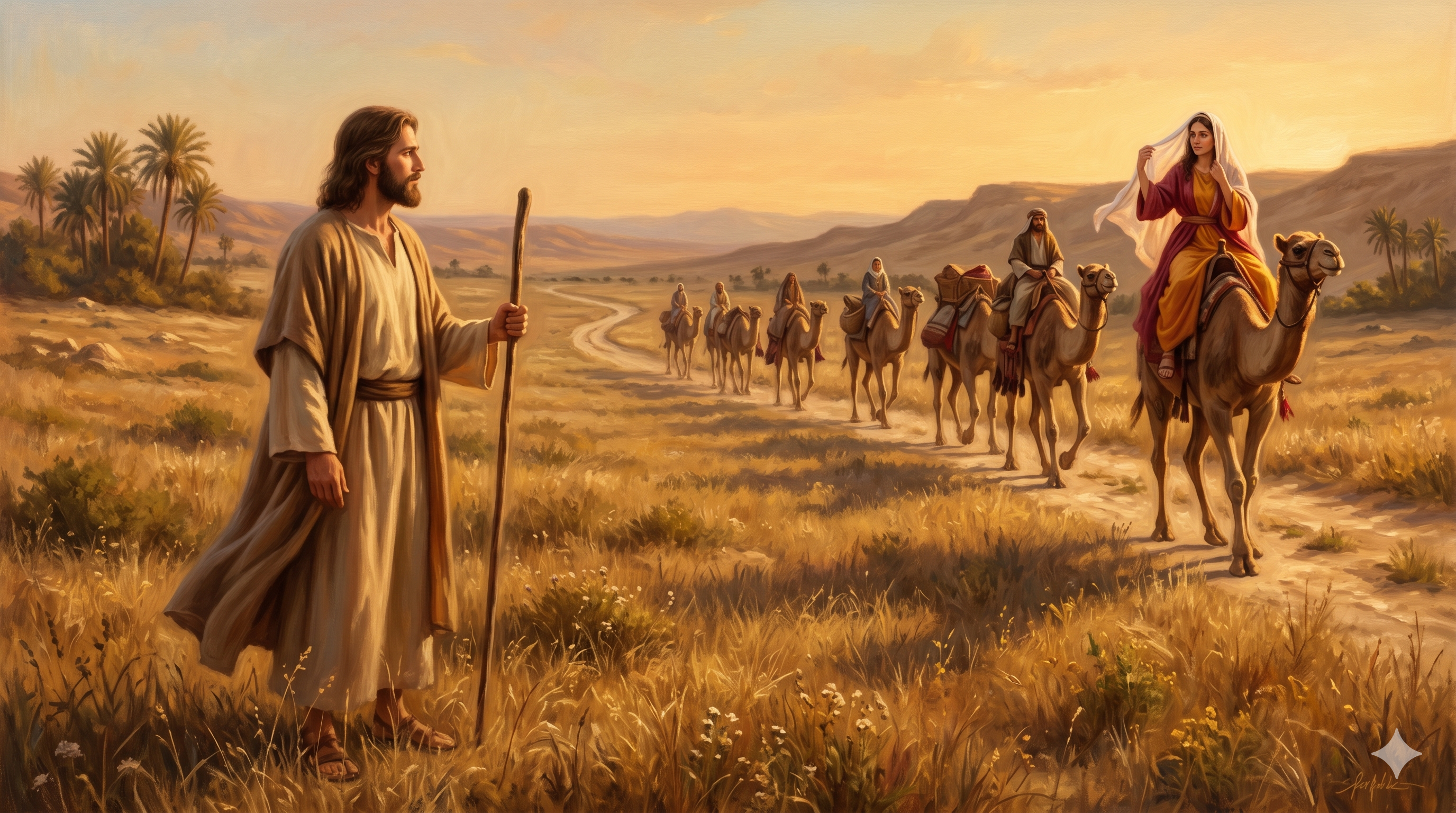 들녘에서 리브가의 행렬을 바라보는 이삭