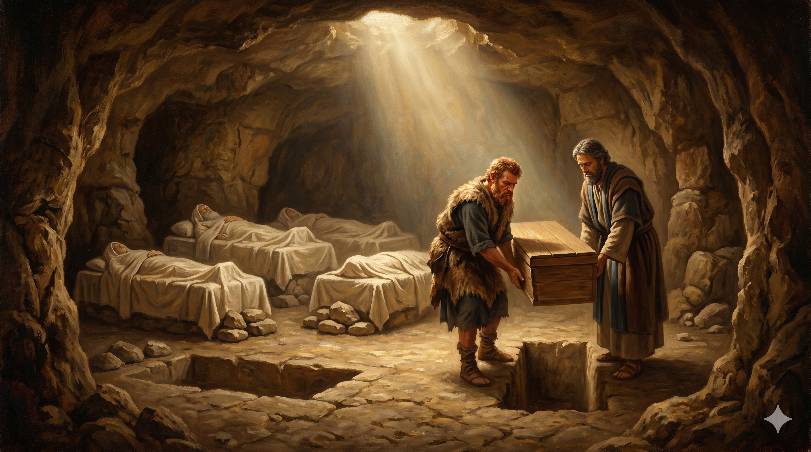 막벨라 동굴에서 에서와 야곱이 아버지를 장사하는 장면