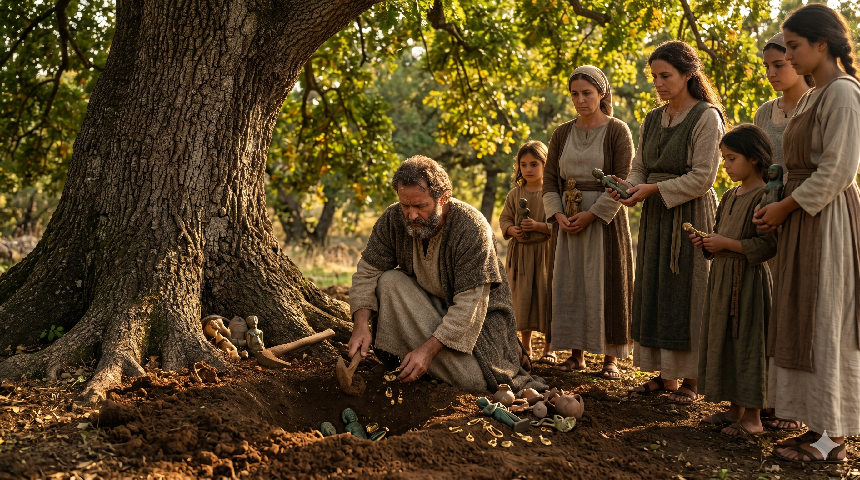 상수리나무 아래 가족의 우상들을 묻는 야곱