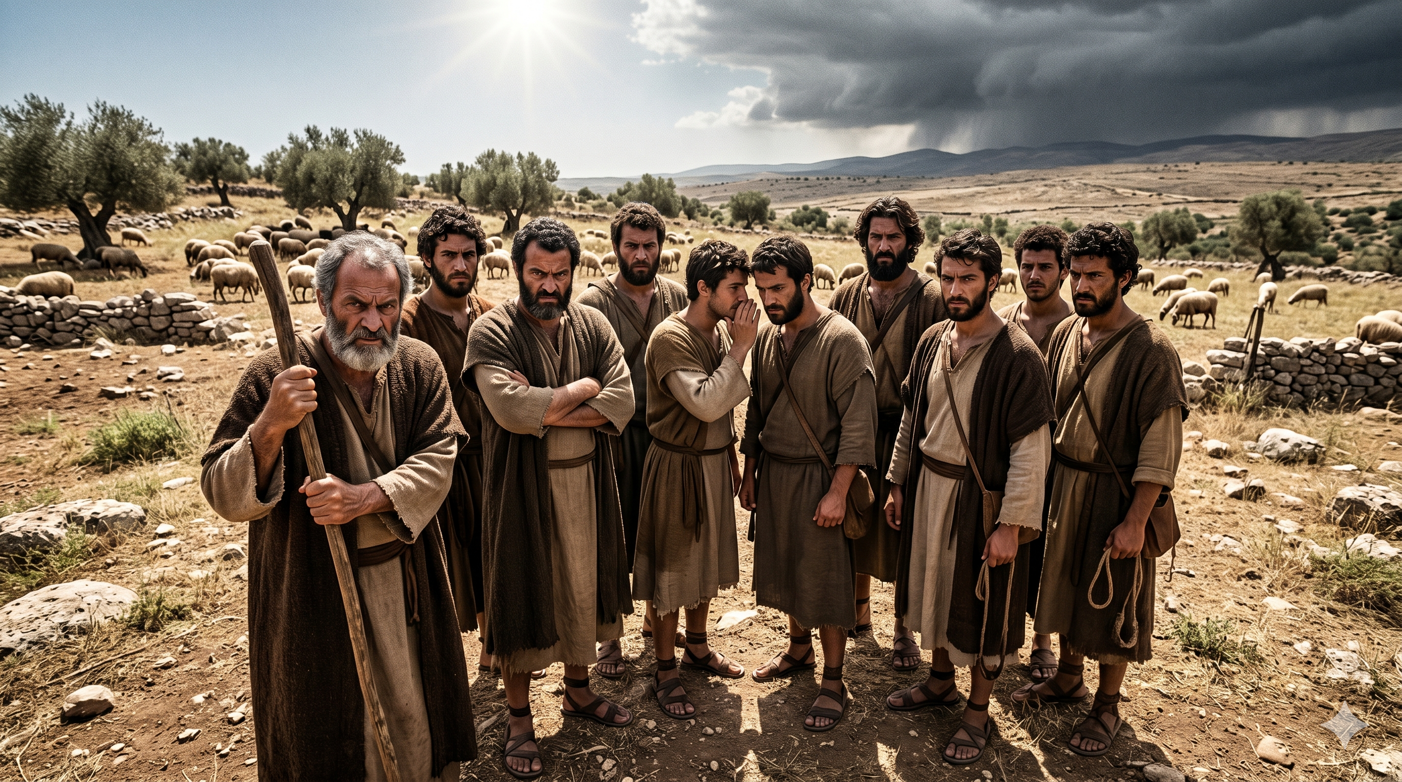 한쪽에 모여 분노와 시기로 요셉을 노려보는 열 명의 형들