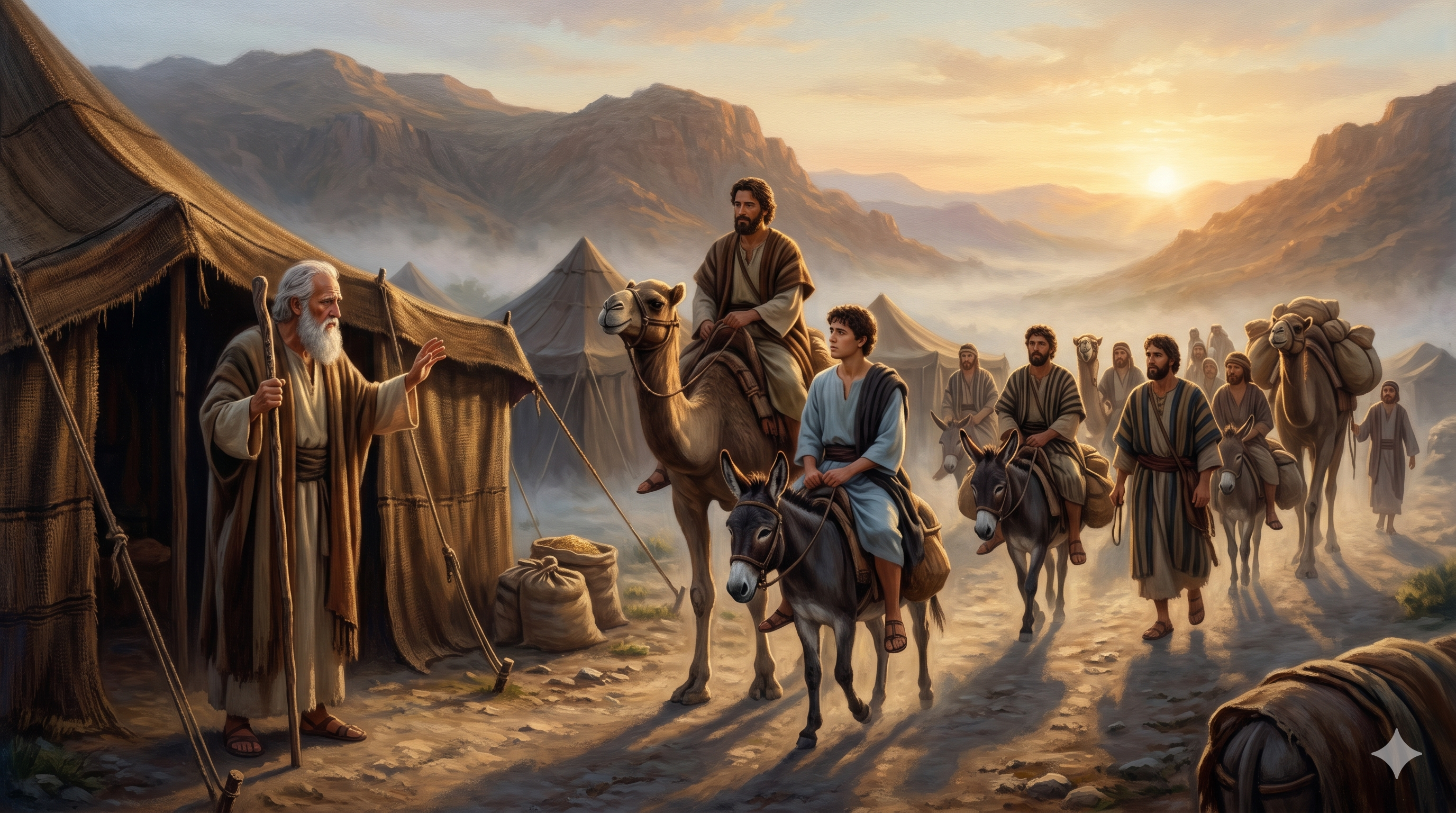 새벽, 낙타와 나귀에 오른 베냐민과 형들이 애굽을 향해 떠나는 순간