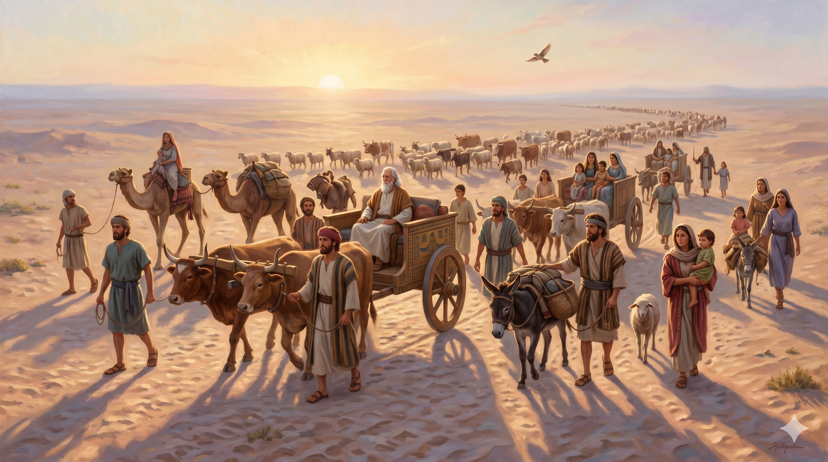 새벽이 밝아 올 무렵, 아들들과 손자들이 행렬을 이루어 애굽으로 향하는 대가족