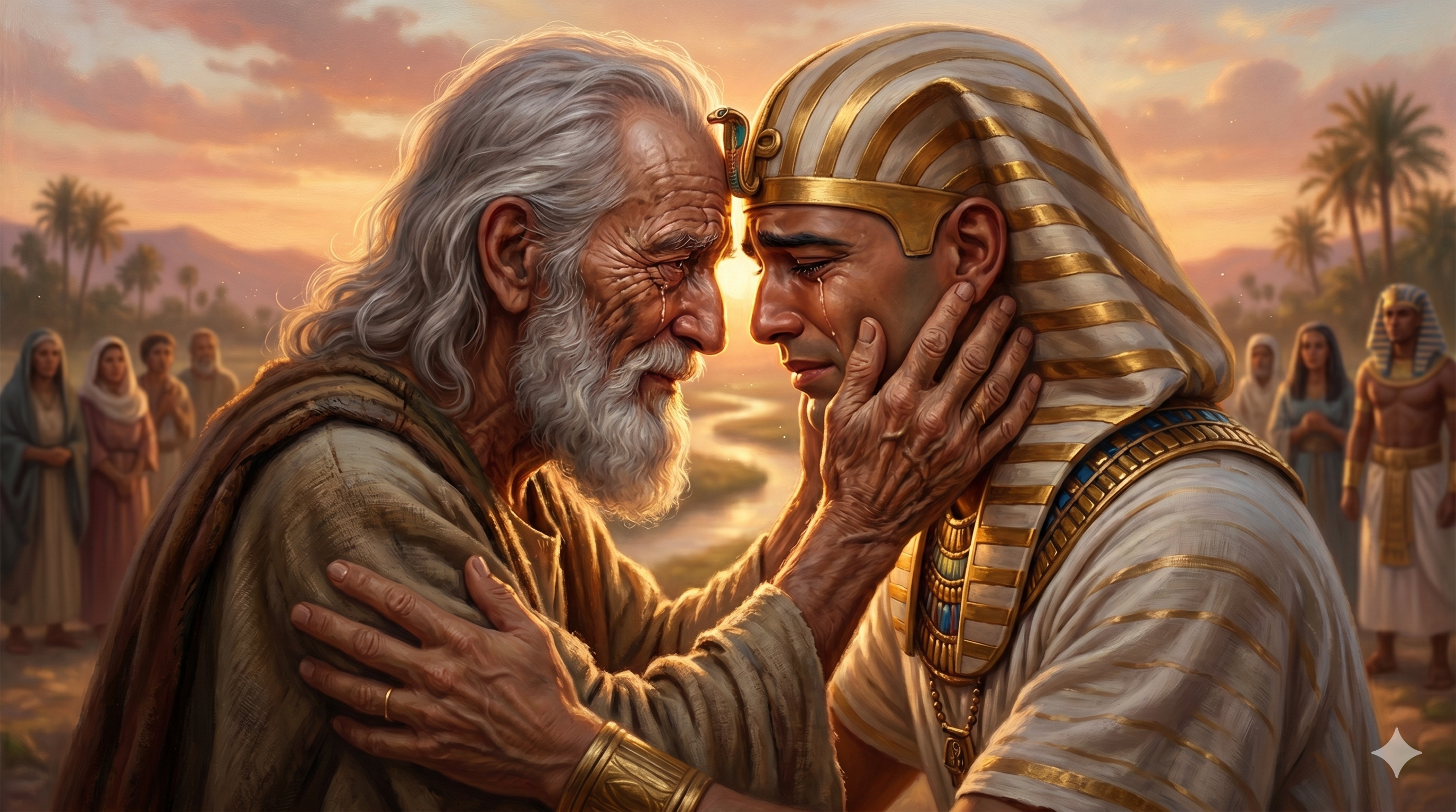 아버지의 손이 아들의 얼굴을 오래 만지고 저녁 햇빛이 두 사람의 젖은 뺨을 물들인다