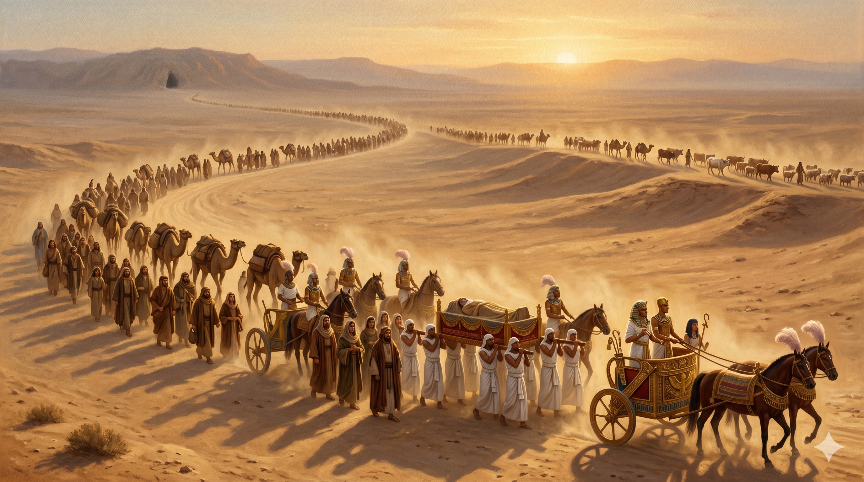 애굽의 마차들이 야곱의 관을 가나안 헤브론으로 운구하는 장면