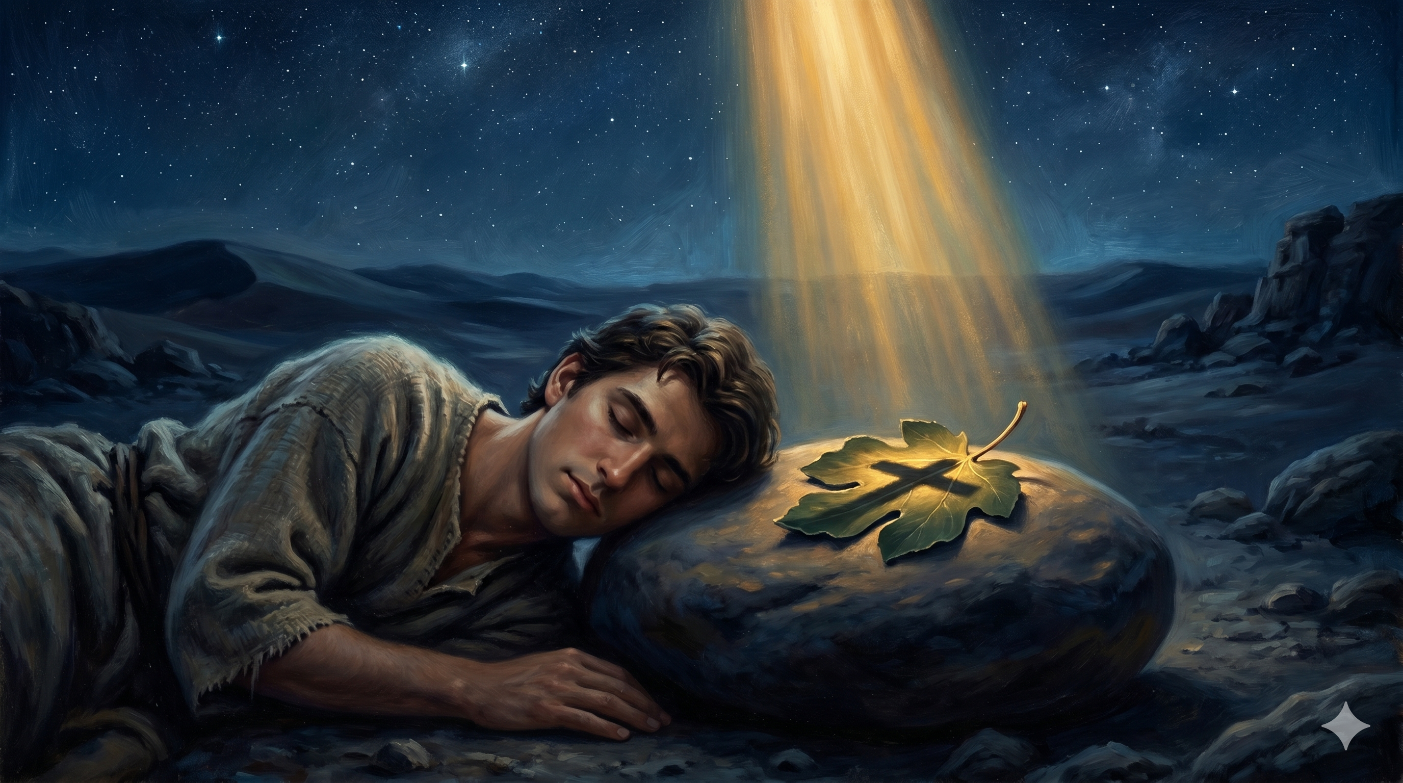 베개 돌 위의 무화과나무 잎과 십자가 그림자