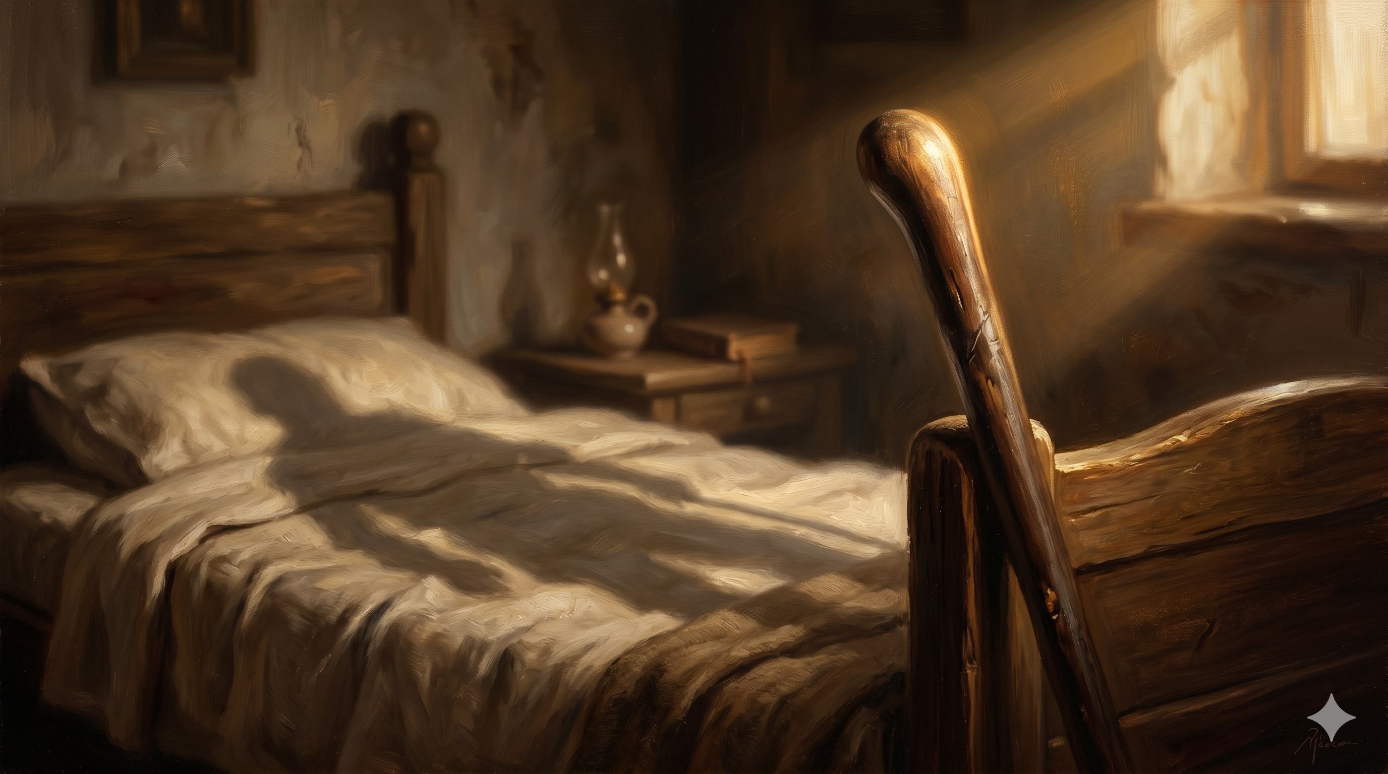 침상 머리맡에 기대인 지팡이와 빛